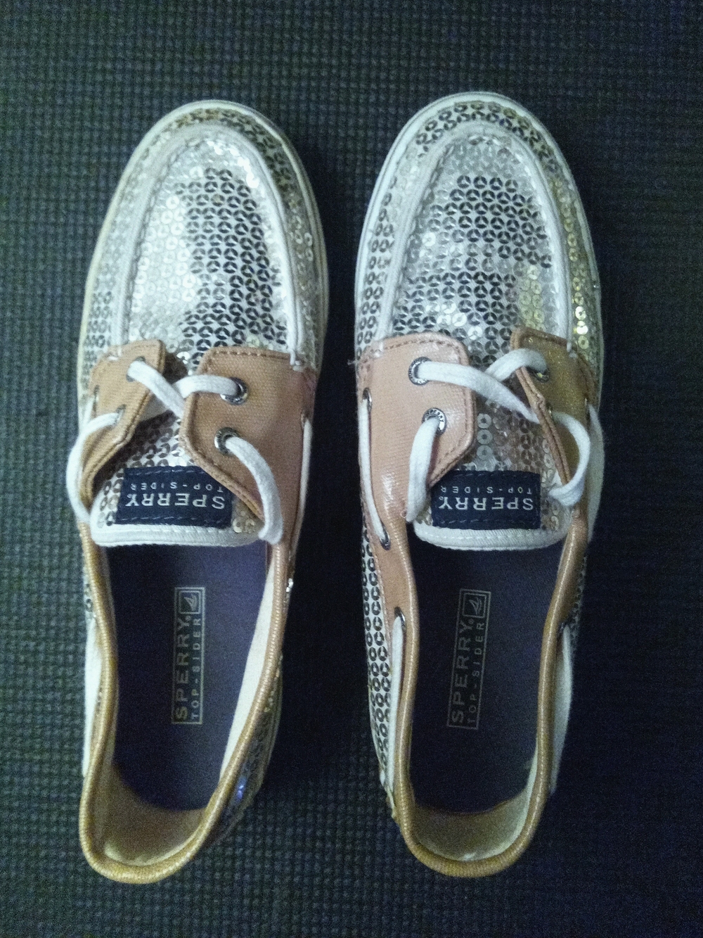 Womens Sperry Top-Sider Sequin Bling Boat Shoes 2 Eye Tan Leather Trim Sparkling